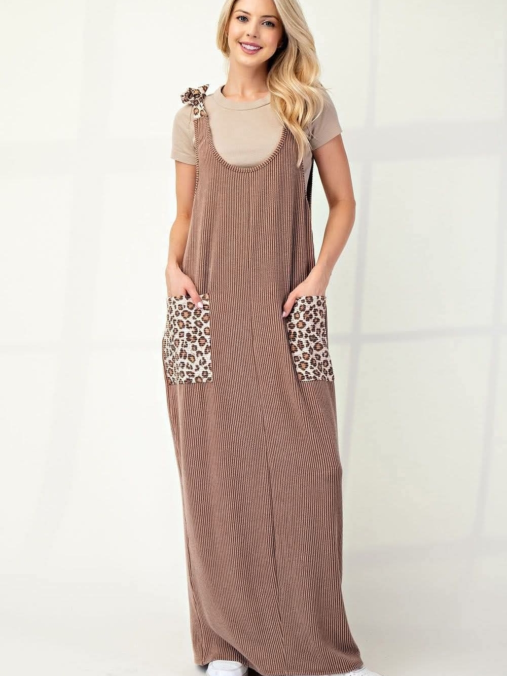 Celeste Taupe Maxi Jumper Dress with Leopard-Pocket Detail